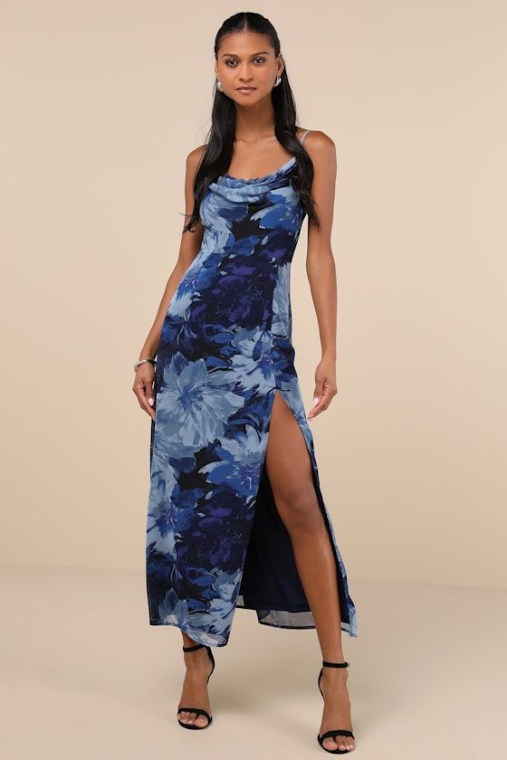 Image of Flowery Passion Dark Blue Floral Print Cowl Neck Midi Dress
