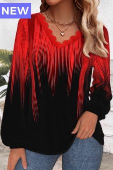 Red Embroidery Ombre Long Sleeve V Neck T Shirt