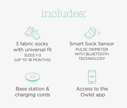 Includes 3 fabric socks with universal fit, smart sock sensor, base station & charging cords, and access to the Owlet app