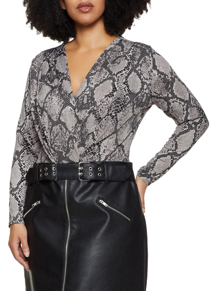 Plus Size Snake Print Long Sleeve Bodysuit