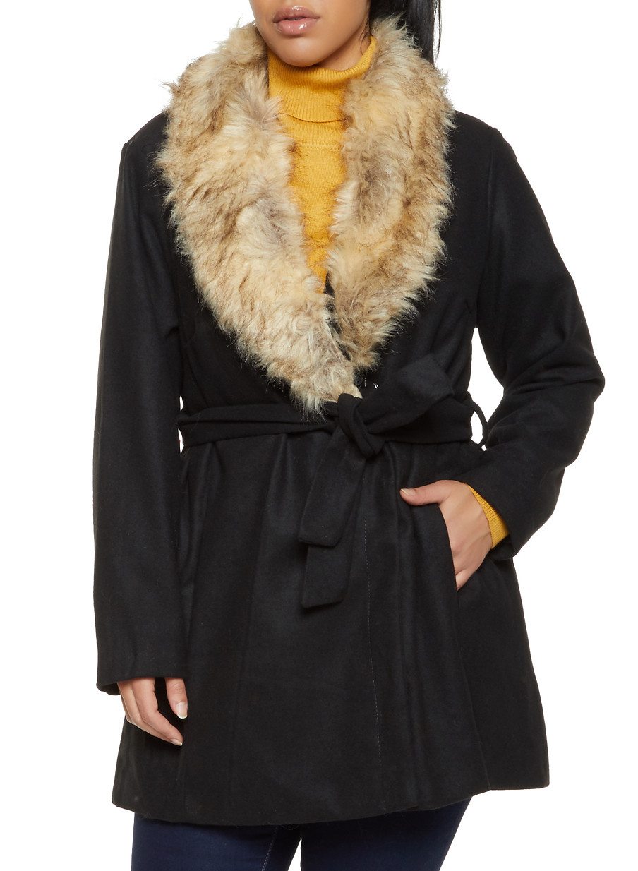 Plus Size Faux Fur Collar Wool Jacket