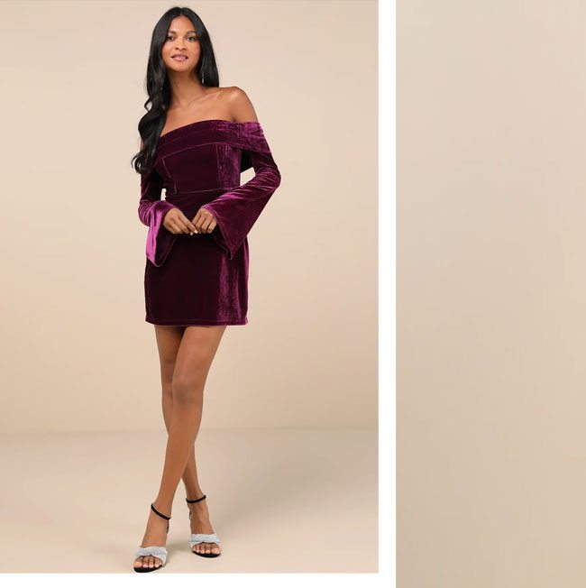 Image of Alluring Glam Plum Velvet Off The Shoulder Mini Dress