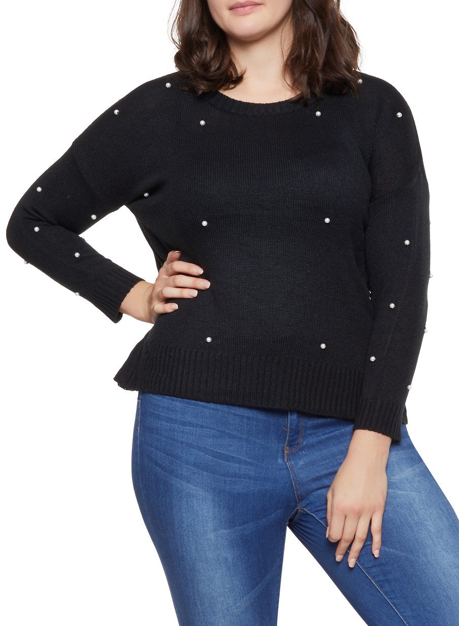 Plus Size Faux Pearl Studded Sweater