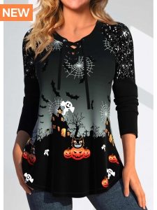 ROTITA Patchwork Halloween Print Black T Shirt