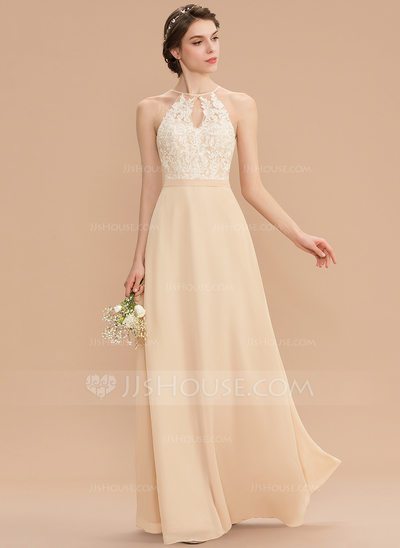 A-Line Scoop Neck Floor-Length Chiffon Lace Bridesmaid Dress...