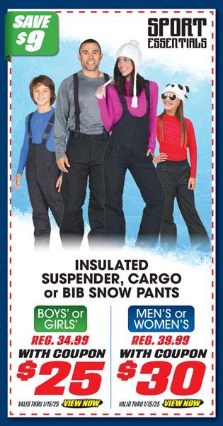 Sport Essentials Adult's or Youth Insulated Suspender, Cargo or Bib Snow Pants