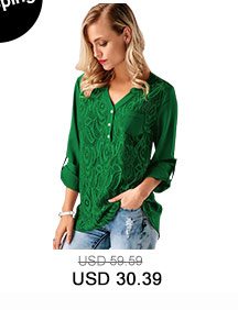 Green Roll Tab Sleeve Lace Panel Blouse