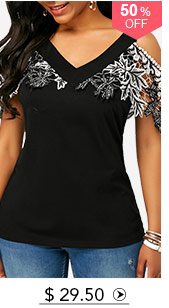 Lace Patchwork Cold Shoulder V Neck Blouse