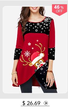 Asymmetric Hem Elk Print Christmas T Shirt