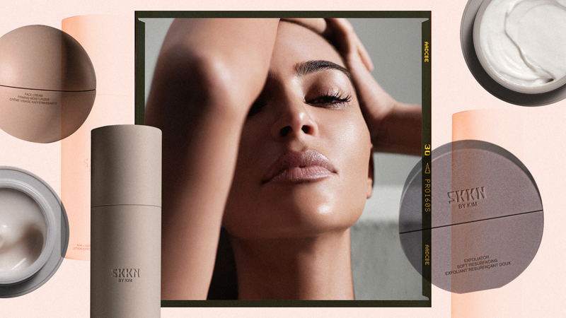 hero image of Kim Kardashian surrounded by SKKN by KIM products from skin-care line