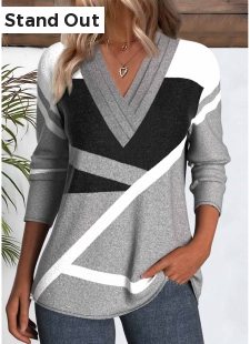 Grey Patchwork Geometric Print Long Sleeve T Shirt