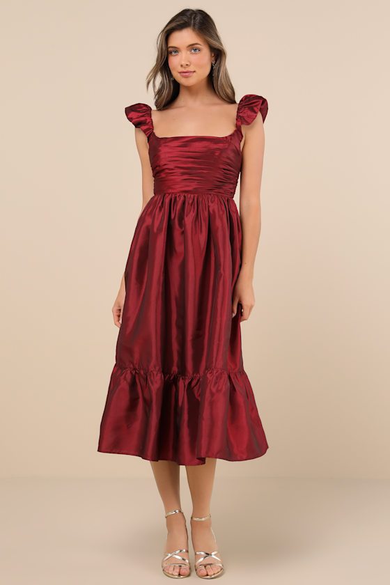 Image of Poised Passion Wine Red Taffeta Pleated Ruffled Midi Dress