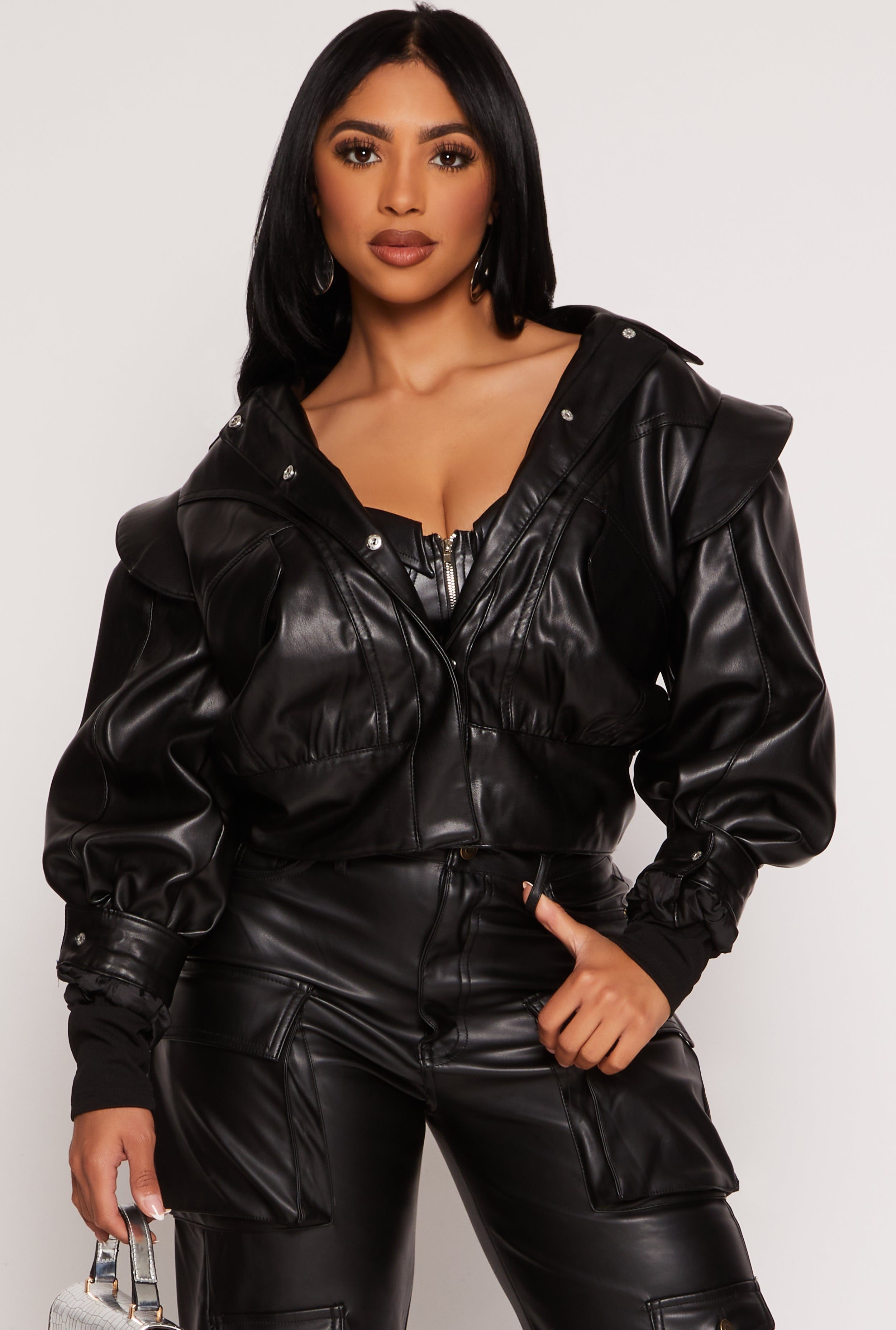 aux Leather Puff Sleeve Cropped Jacket