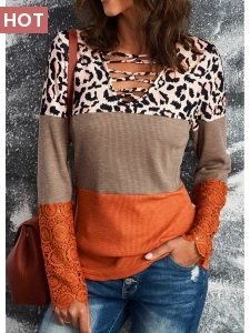 ROTITA Twist Leopard Orange V Neck T Shirt