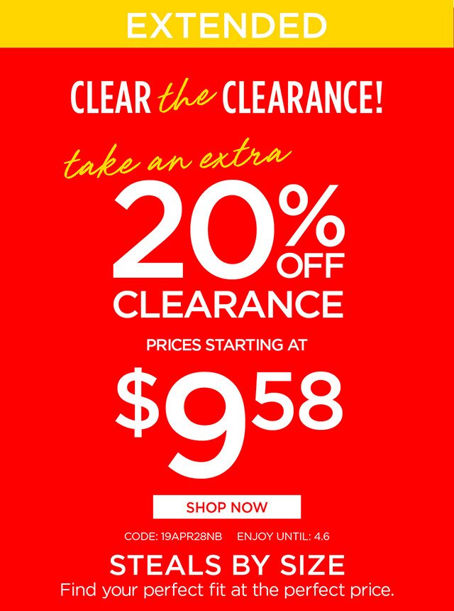 Extended! Extra 20% Off Clearance - Code: 19APR28NB