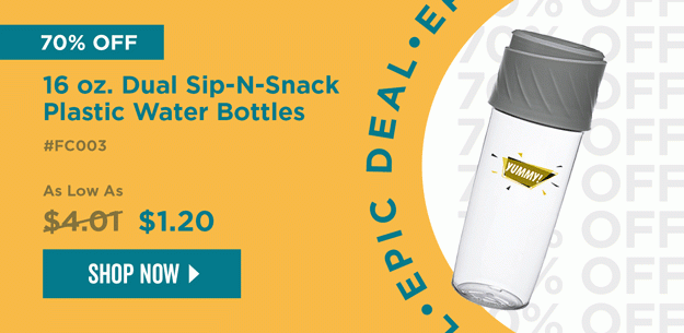 EPIC DEAL | 70% Off | 16 oz. Dual Sip-N-Snack Plastic Water Bottles | Item# FC003 | No code needed | As low as $1.20 | Shop Now