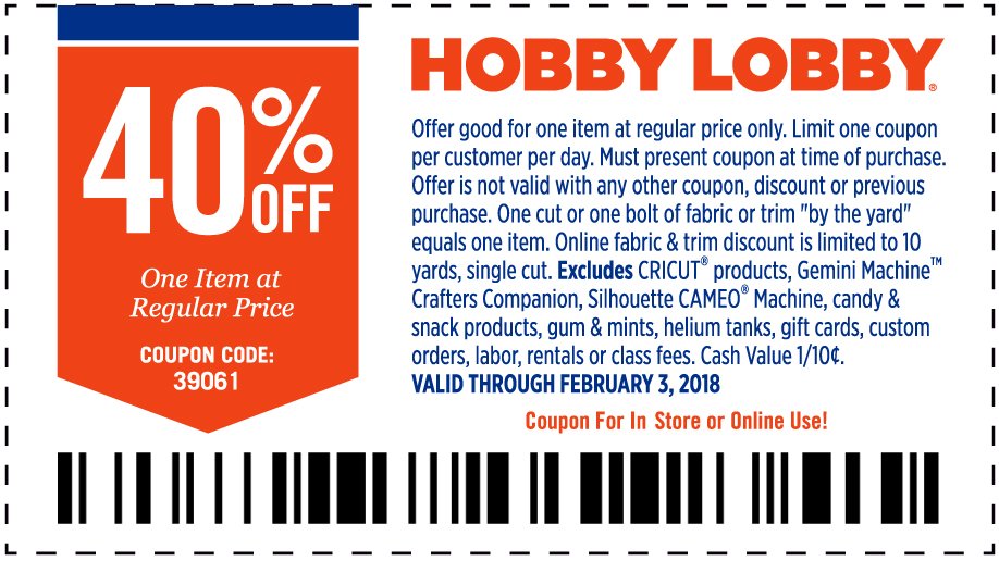 40% Off One Item At Regular Price. Valid through February 3, 2018. *See Full Coupon For Details