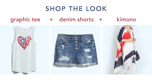 Shop the look: graphic tee + denim shorts + kimono.