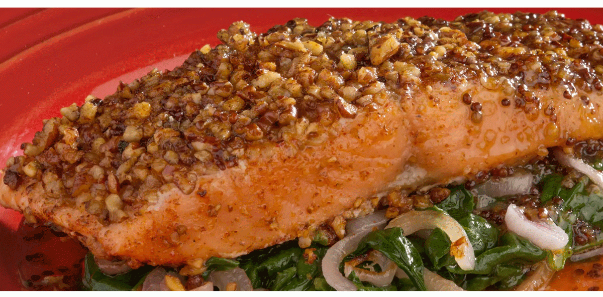 PECAN CRUSTED SALMON WITH MAPLE-MUSTARD GLAZE