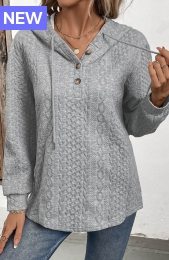 Grey Jacquard Button Long Sleeve Hoodie