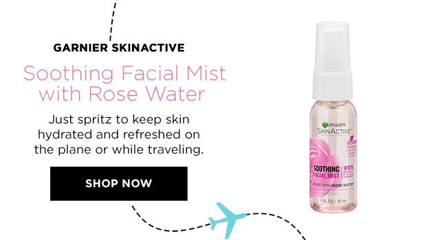 GARNIER SKINACTIVE - Soothing Facial Mist with Rose Water - Just spritz to keep skin hydrated and refreshed on the plane or while traveling. - SHOP NOW