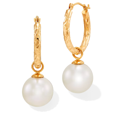 Cultured Pearl Diamond-Cut Hoop Dangle Earrings 10K Yellow Gold