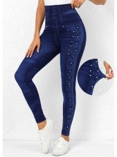 Denim Blue Beaded High Waisted Leggings