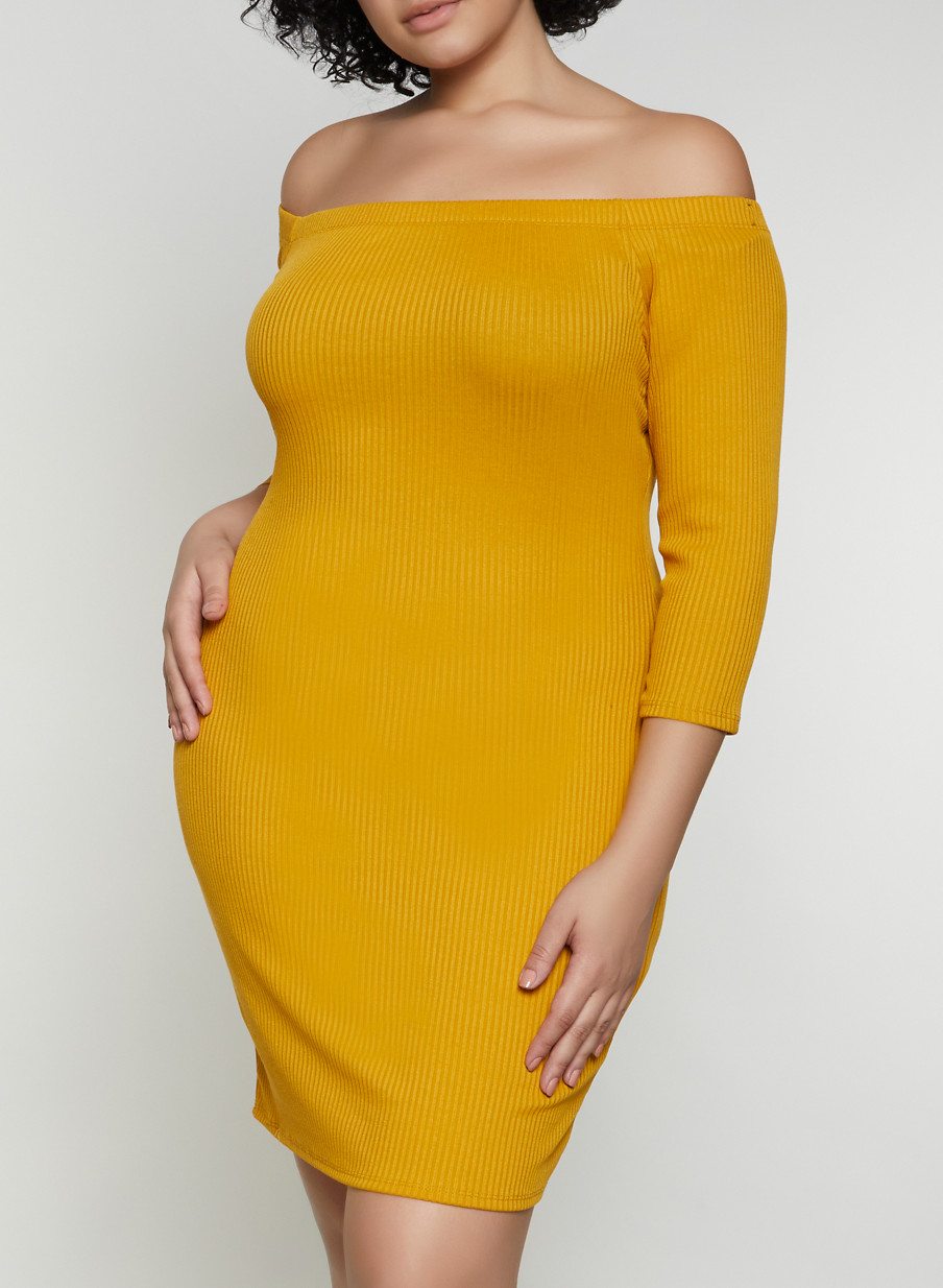 Plus Size Ribbed Off the Shoulder Bodycon Dress