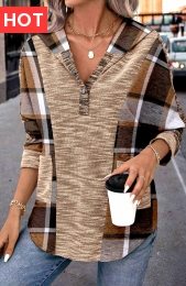 Dark Coffee Patchwork Plaid Long Sleeve Hoodie