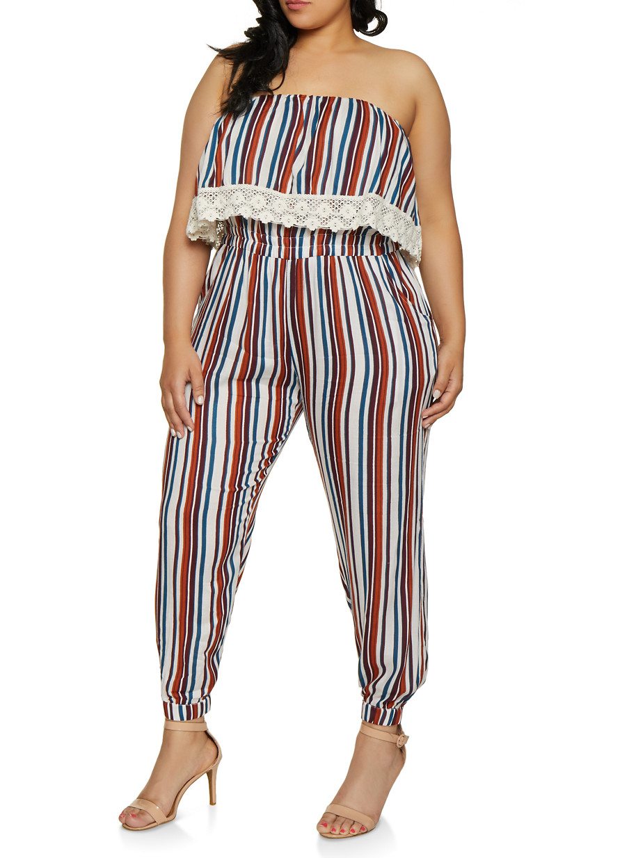 Plus Size Striped Crochet Trim Jumpsuit