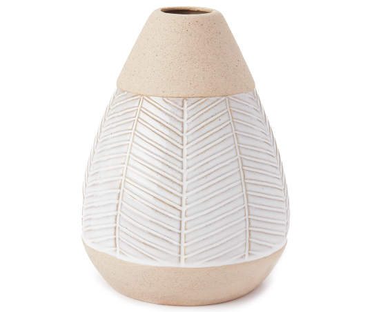 White Glaze Herringbone & Stone Ceramic Cylinder Vase