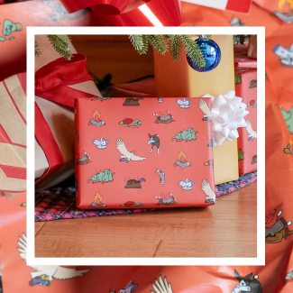 Get Free Custom Wrapping paper - red wrapping paper with illustrations of all sorts of sock mishaps