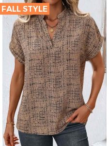 ROTITA Split Geometric Print Light Coffee Short Sleeve Blouse