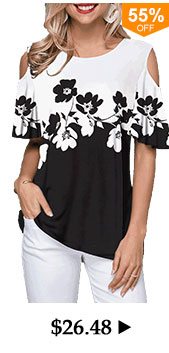 Cold Shoulder Color Block Flower Print T Shirt