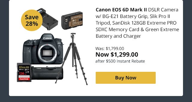 Canon EOS 6D Mark II DSLR Camera Includes BG-E21 Battery Grip, Slik Pro II Tripod, SanDisk 128GB Extreme PRO SDXC Memory Card & Green Extreme Battery and Charger