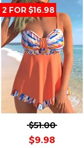 Coral Orange Asymmetric Hem Geometric Print Swimdress Top