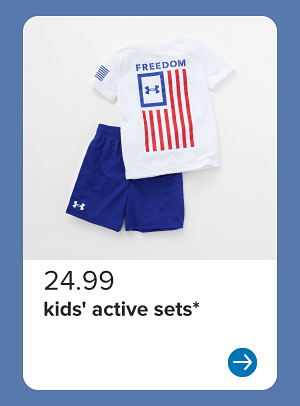 Image of a white shirt with an american flag on it and blue shorts. $24.99 kids' active sets.