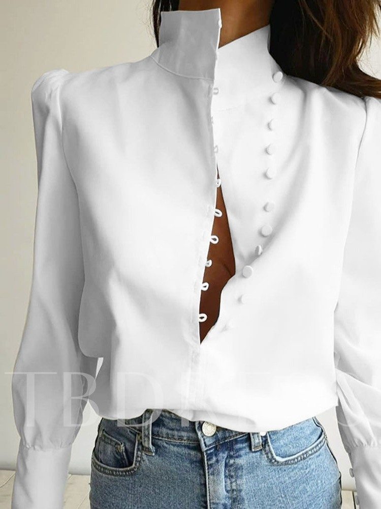 Stand Collar Plain Button Standard Women's Blouse Shirt