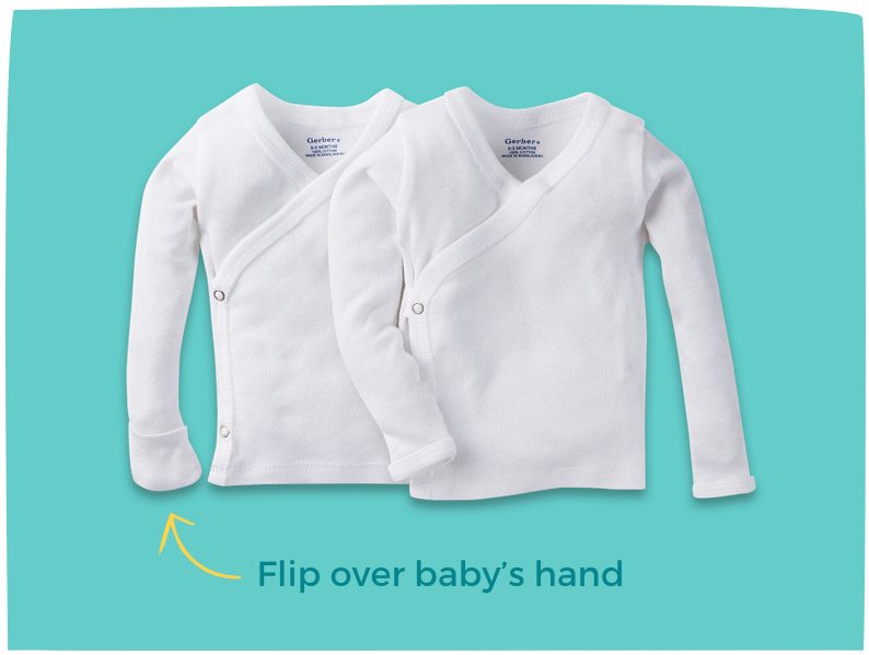 Side snap shirts are the secret to fuss-free outfit changes. Plus, mitten cuffs keep baby’s sharp nails covered. Flip over baby's hand