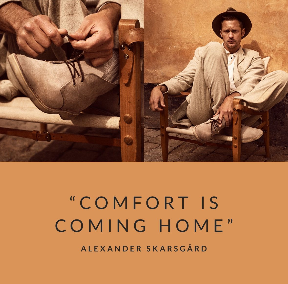 Alexander Skarsgård wearing Desert Boots in sand suede
