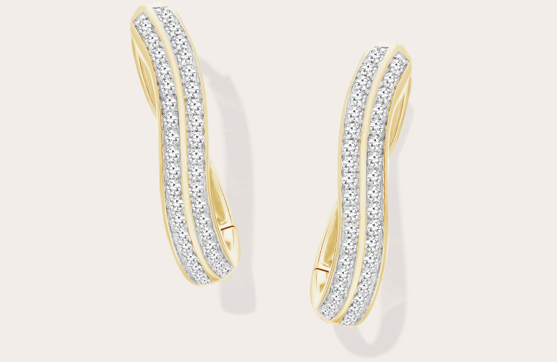 Diamond Curved Two-Row Hoop Earrings 1/2 ct tw 10K Yellow Gold