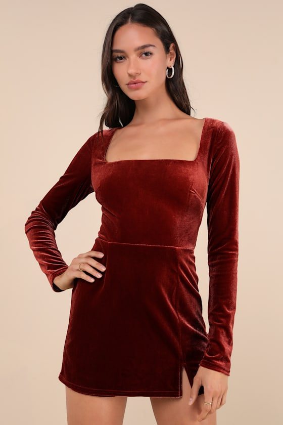 Image of Admirable Aura Rust Velvet Long Sleeve Skort Romper