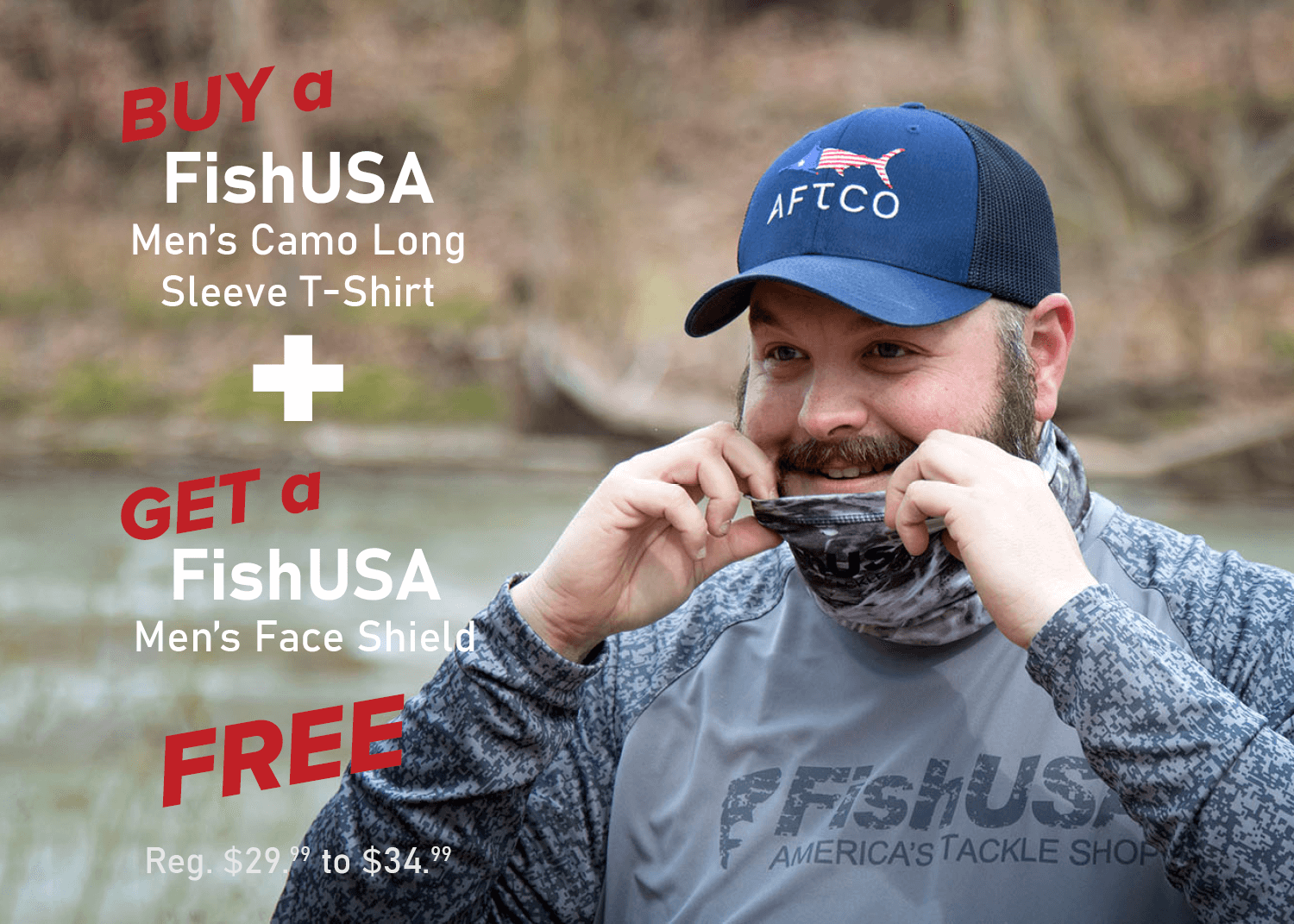 Buy a FishUSA Men's Camo Long Sleeve T-Shirt & Get a FREE FishUSA Men's Face Shield!