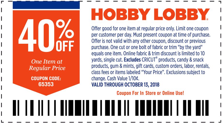 40% Off One Item At Regular Price. Valid through October 13, 2018. *See Full Coupon For Details