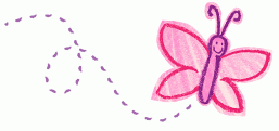 Crayon drawn pink and purple butterfly with dots trailing behind it