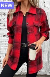 Red Button Plaid Long Sleeve Turn Down Collar Shirt