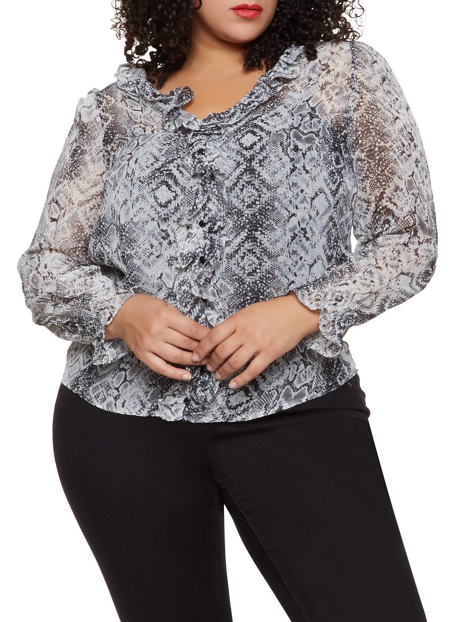 Plus Size Animal Print Ruffle Trim Blouse