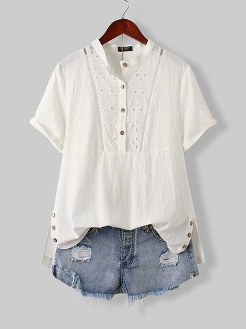 Hollow Out Side-slit Buttons Blouse