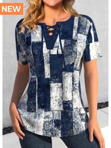 ROTITA Plus Size Lace Up Navy Geometric Print Blouse