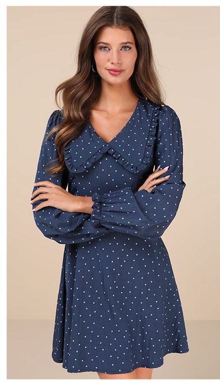 Image of Sweetie Aura Dark Blue Polka Dot Mini Dress
